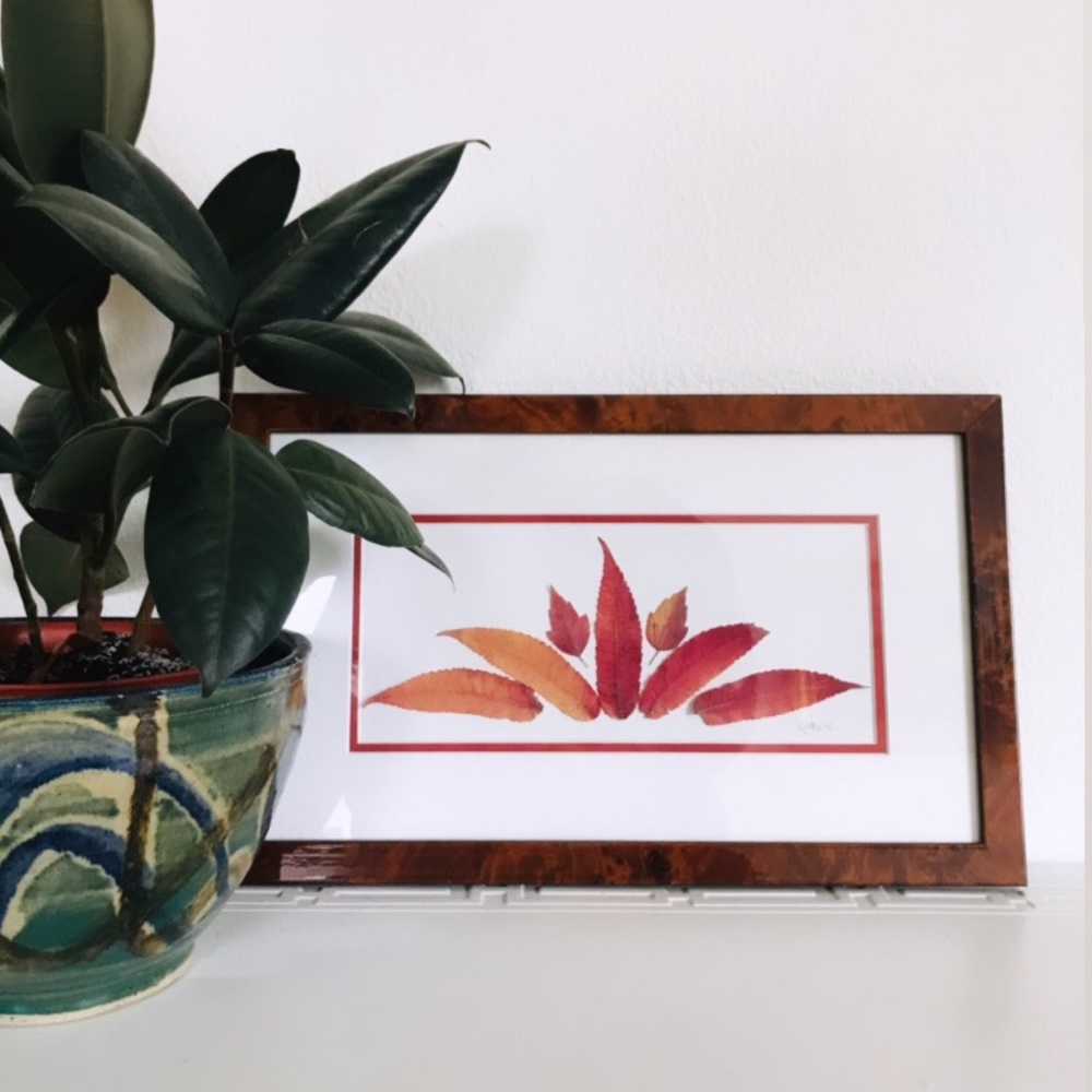 Signed vintage Leaf Art Framed in Lacquered Burled Wood